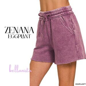 4341 🌻ZENANA Eggplant Acid Wash Fleece Drawstring Shorts